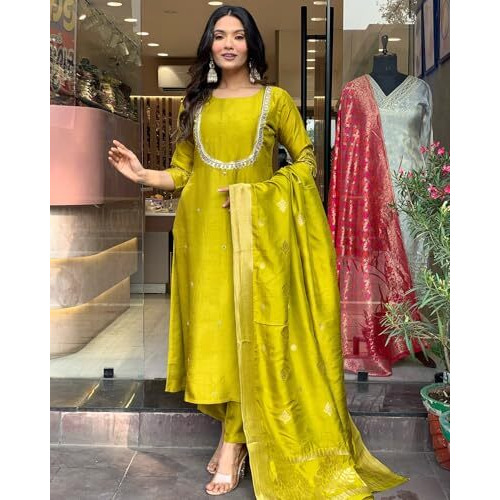 ANNI DESIGNER Women's Silk Blend Straight Embroidered Kurta with Pant & Dupatta (Deluxe GREEN-VKS01_XL_Green_X-Large)