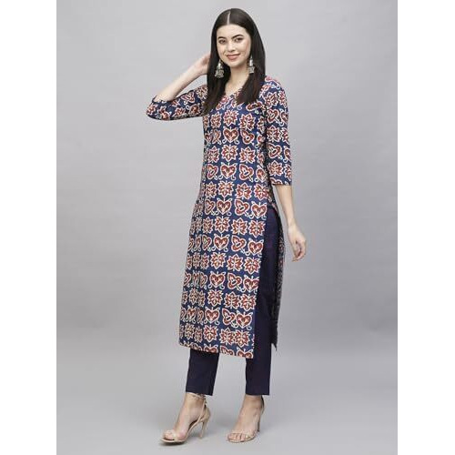 ANNI DESIGNER Women's Cotton Blend Straight Printed Kurta with Pant (Kismis Blue_XXL_Blue_XX-Large)