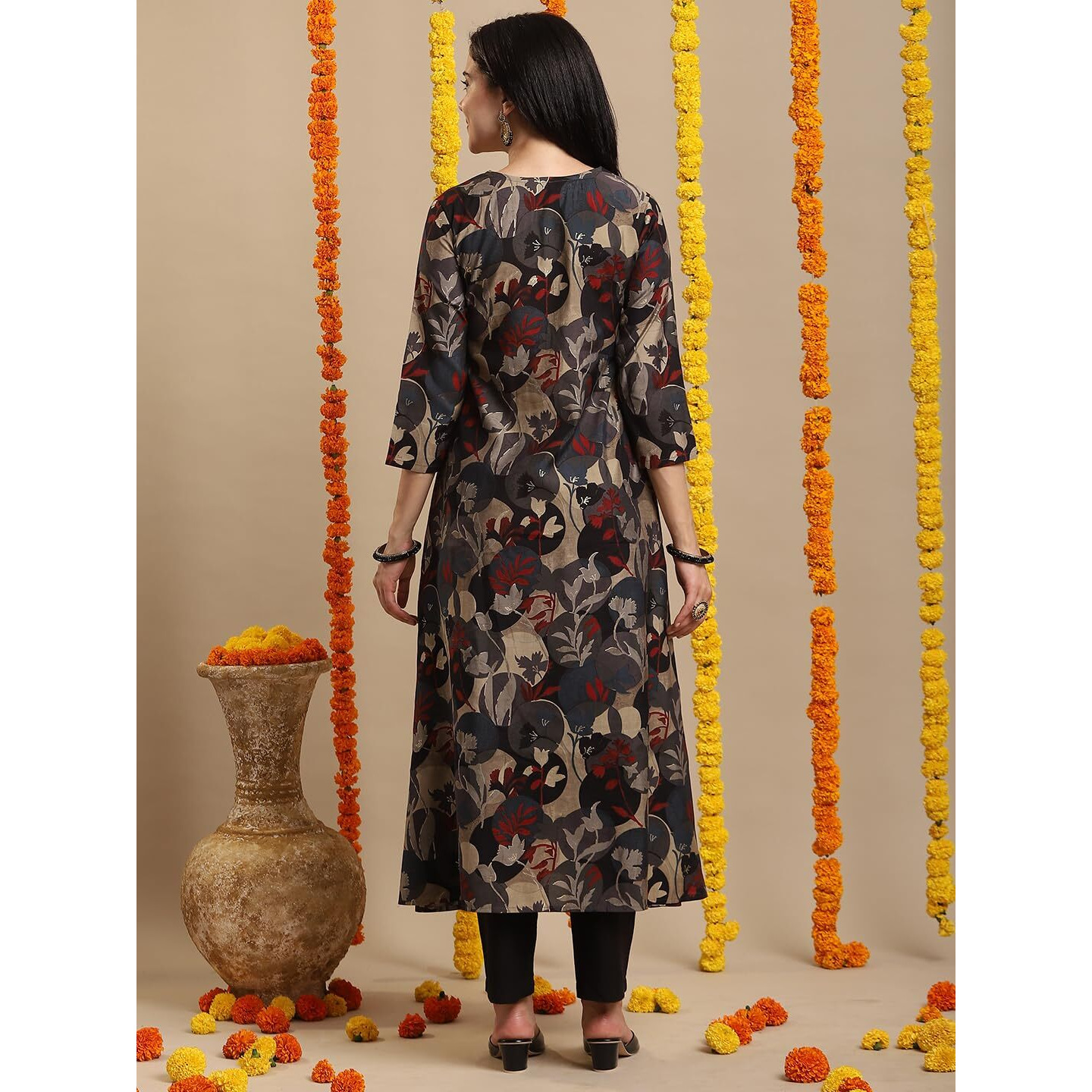 ANNI DESIGNER Women's Rayon Blend Straight Fit Anarkali Printed Kurta with Pant (Allgood Black_M_Black_Medium)