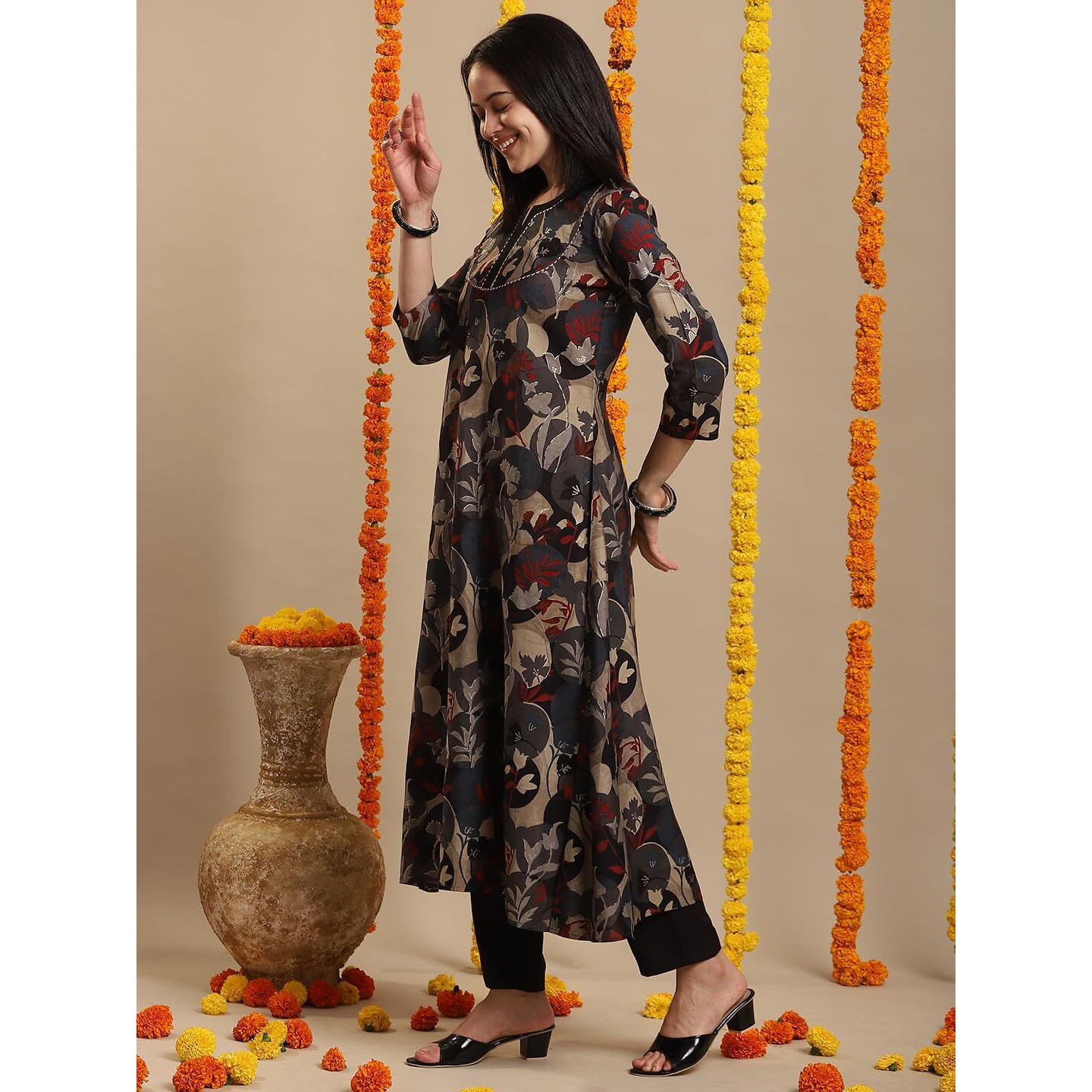 ANNI DESIGNER Women's Rayon Blend Straight Fit Anarkali Printed Kurta with Pant (Allgood Black_M_Black_Medium)