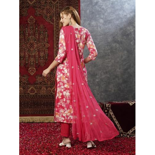 ANNI DESIGNER Women's Cotton Blend Printed Straight Kurta with Pant & Dupatta (Bhadrusha Pink-NW_M_Pink_Medium)