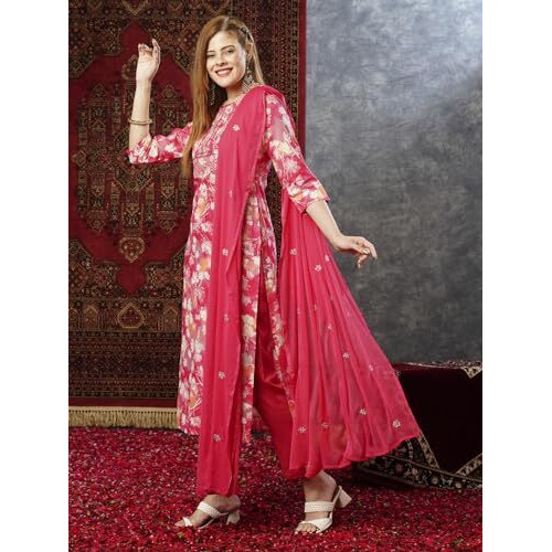 ANNI DESIGNER Women's Cotton Blend Printed Straight Kurta with Pant & Dupatta (Bhadrusha Pink-NW_M_Pink_Medium)