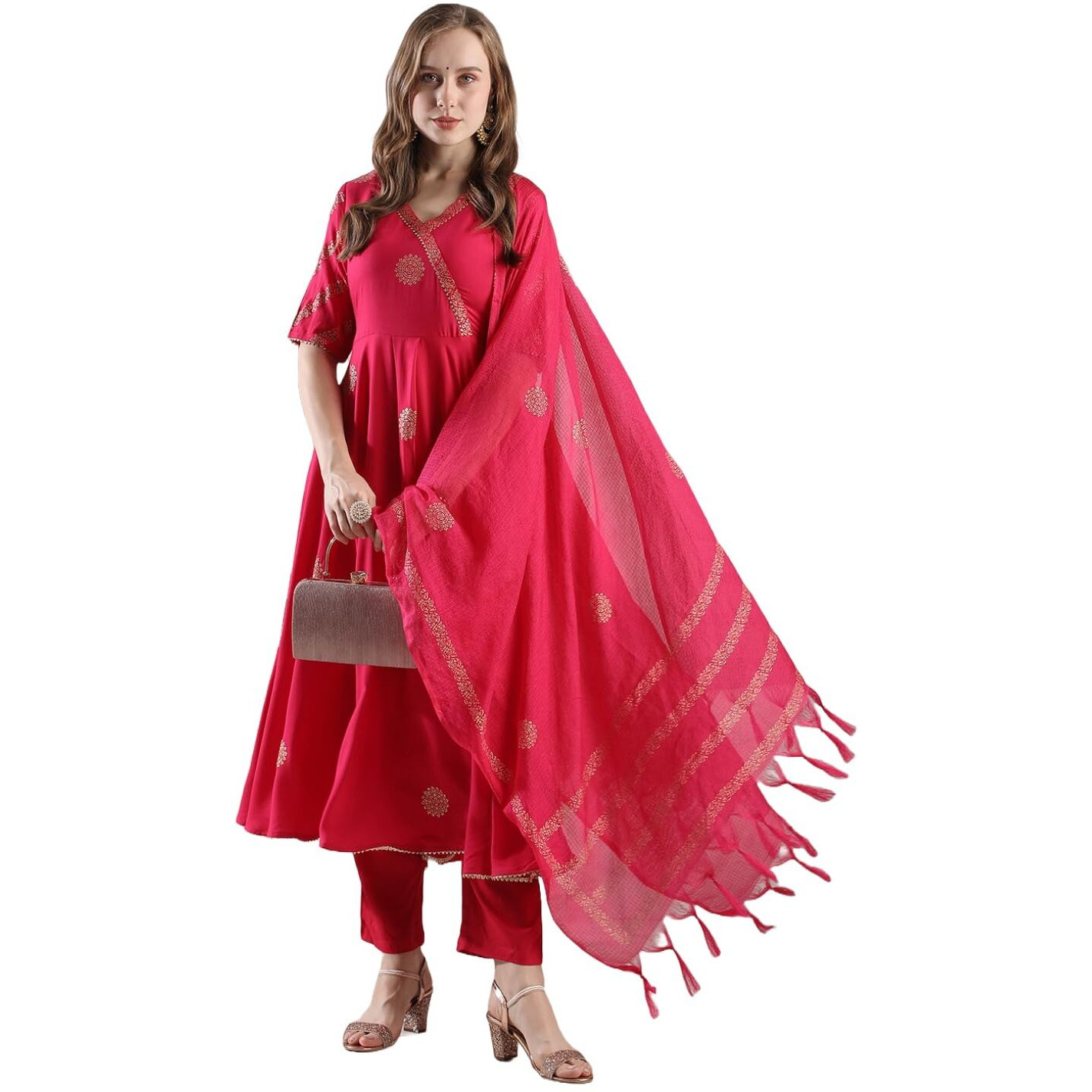 ANNI DESIGNER Women's Rayon Blend Anarkali Printed Kurta with Pant & Dupatta (Berlin PINK-VKS05_XL_Pink_X-Large)