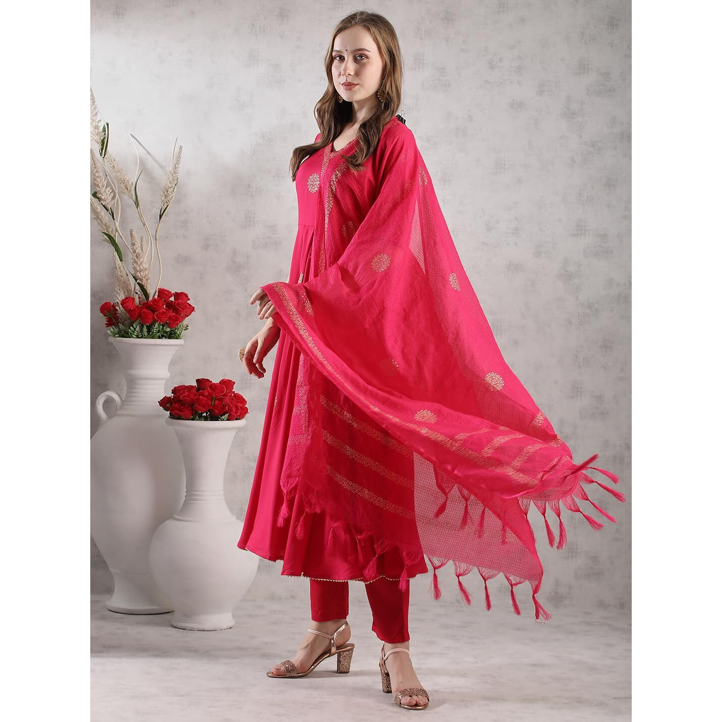 ANNI DESIGNER Women's Rayon Blend Anarkali Printed Kurta with Pant & Dupatta (Berlin PINK-VKS05_XL_Pink_X-Large)