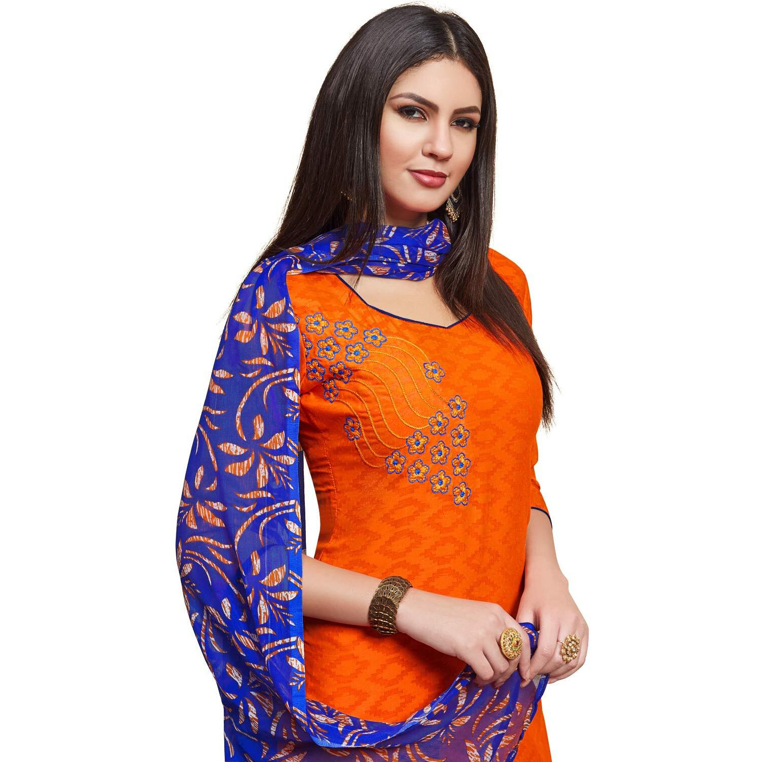 Anni Designer Women's Orange Color Cotton Blend Embroidered Printed Dupatta Churidar Dress Material(Divyanshi 2 2013 Gangour_Orange_Free Size)