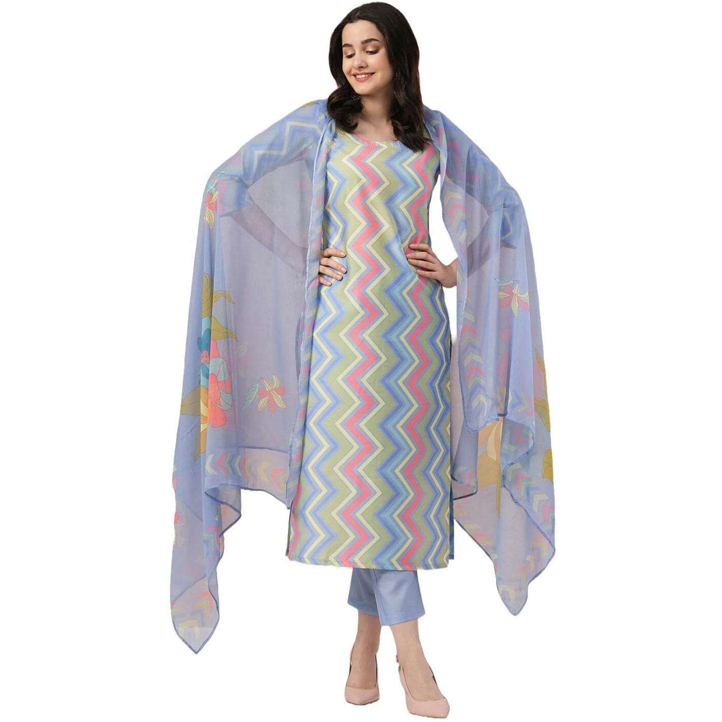 ANNI DESIGNER Women's Rayon Blend Straight Printed Kurta with Pant & Dupatta (Zaggu Blue_L_Blue_Large)