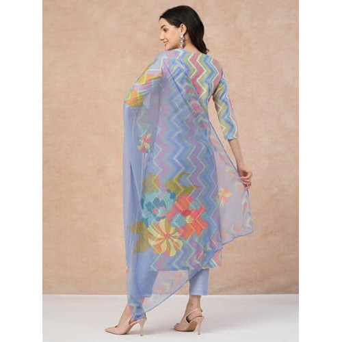 ANNI DESIGNER Women's Rayon Blend Straight Printed Kurta with Pant & Dupatta (Zaggu Blue_L_Blue_Large)