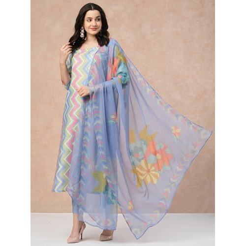 ANNI DESIGNER Women's Rayon Blend Straight Printed Kurta with Pant & Dupatta (Zaggu Blue_L_Blue_Large)