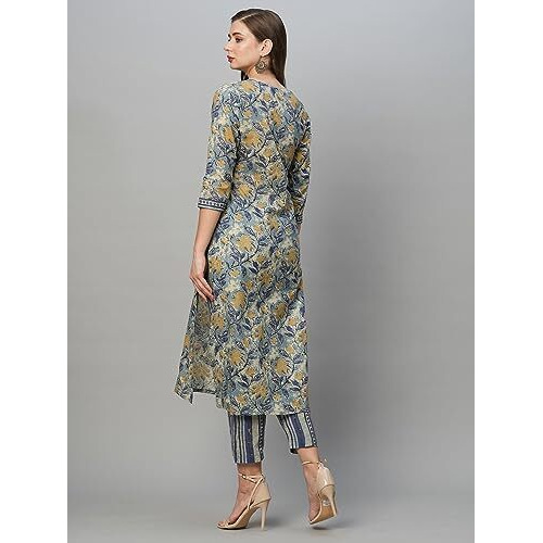 ANNI DESIGNER Women's Cotton Blend Straight Printed Kurta with Pant Set (Prachi Blue_L_Blue_Large)