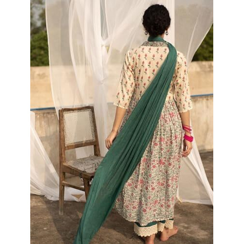 ANNI DESIGNER Women's Cotton Blend Anarkali Printed Kurta with Pant & Dupatta (TOKI White-NW_M_White_Medium)