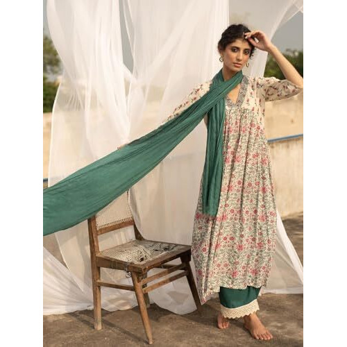 ANNI DESIGNER Women's Cotton Blend Anarkali Printed Kurta with Pant & Dupatta (TOKI White-NW_M_White_Medium)