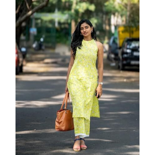 ANNI DESIGNER Women's Rayon Blend Straight Block Printed Kurta with Pant (Lemon-Lime_XXL_Green_XX-Large)