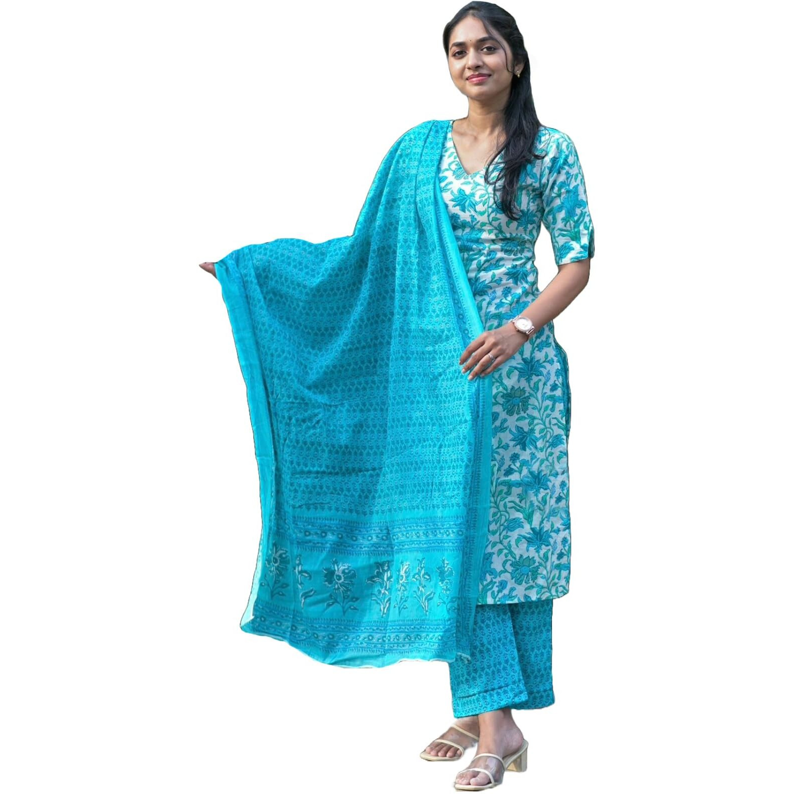 ANNI DESIGNER Women's Cotton Blend Straight Printed Kurta with Pant & Dupatta (Ramitara Blue_XL_Blue_X-Large)