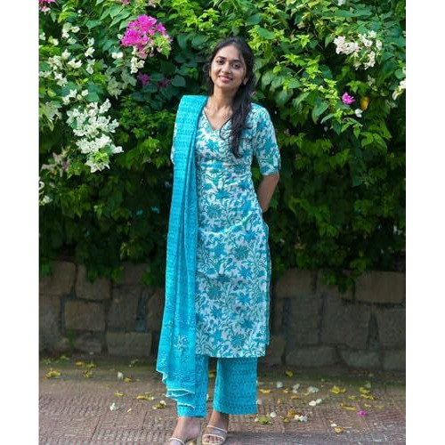 ANNI DESIGNER Women's Cotton Blend Straight Printed Kurta with Pant & Dupatta (Ramitara Blue_XL_Blue_X-Large)