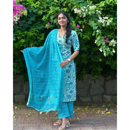 ANNI DESIGNER Women's Cotton Blend Straight Printed Kurta with Pant & Dupatta (Ramitara Blue_XL_Blue_X-Large)