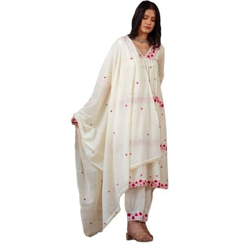 ANNI DESIGNER Women's Rayon Blend Anarkali Embroidered Kurta with Pant & Dupatta (RAASHI Cream_S_Cream_Small)