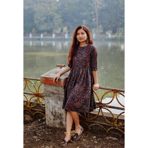 ANNI DESIGNER Women's Cotton Blend Printed Anarkali Kurta (Pond Blue-SM_S_Blue_Small)