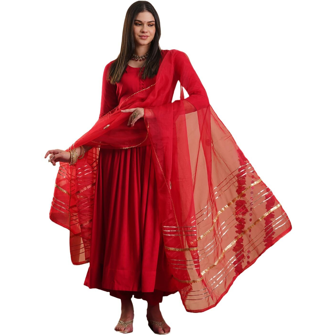 ANNI DESIGNER Women's Rayon Blend Anarkali Solid Kurta with Pant & Dupatta (JAYNTI RED-VKS01_L_Red_Large)