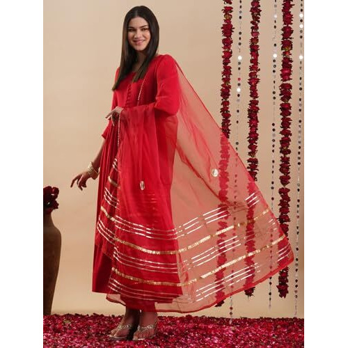 ANNI DESIGNER Women's Rayon Blend Anarkali Solid Kurta with Pant & Dupatta (JAYNTI RED-VKS01_L_Red_Large)