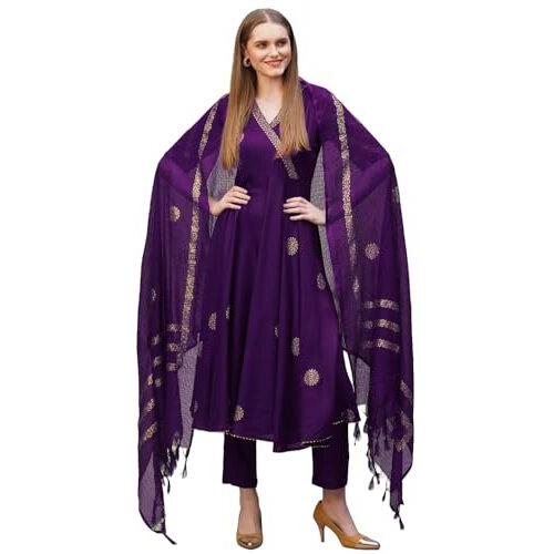 ANNI DESIGNER Women's Rayon Blend Anarkali Printed Kurta with Pant & Dupatta (Berlin BEGANI-NB_S_Begani_Small)