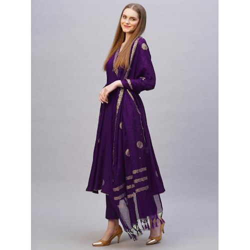 ANNI DESIGNER Women's Rayon Blend Anarkali Printed Kurta with Pant & Dupatta (Berlin BEGANI-NB_S_Begani_Small)