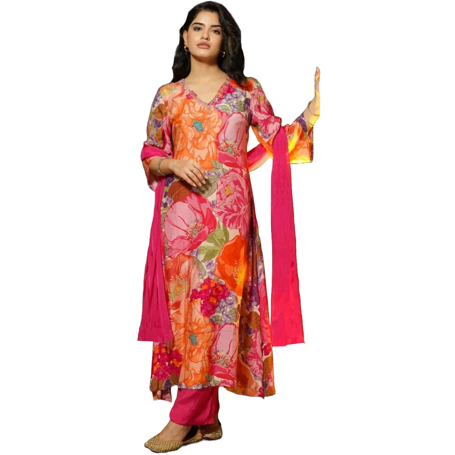 ANNI DESIGNER Women's Cotton Blend Straight Printed Kurta with Pant & Dupatta (VILASA Pink_XXL_Pink_XX-Large)