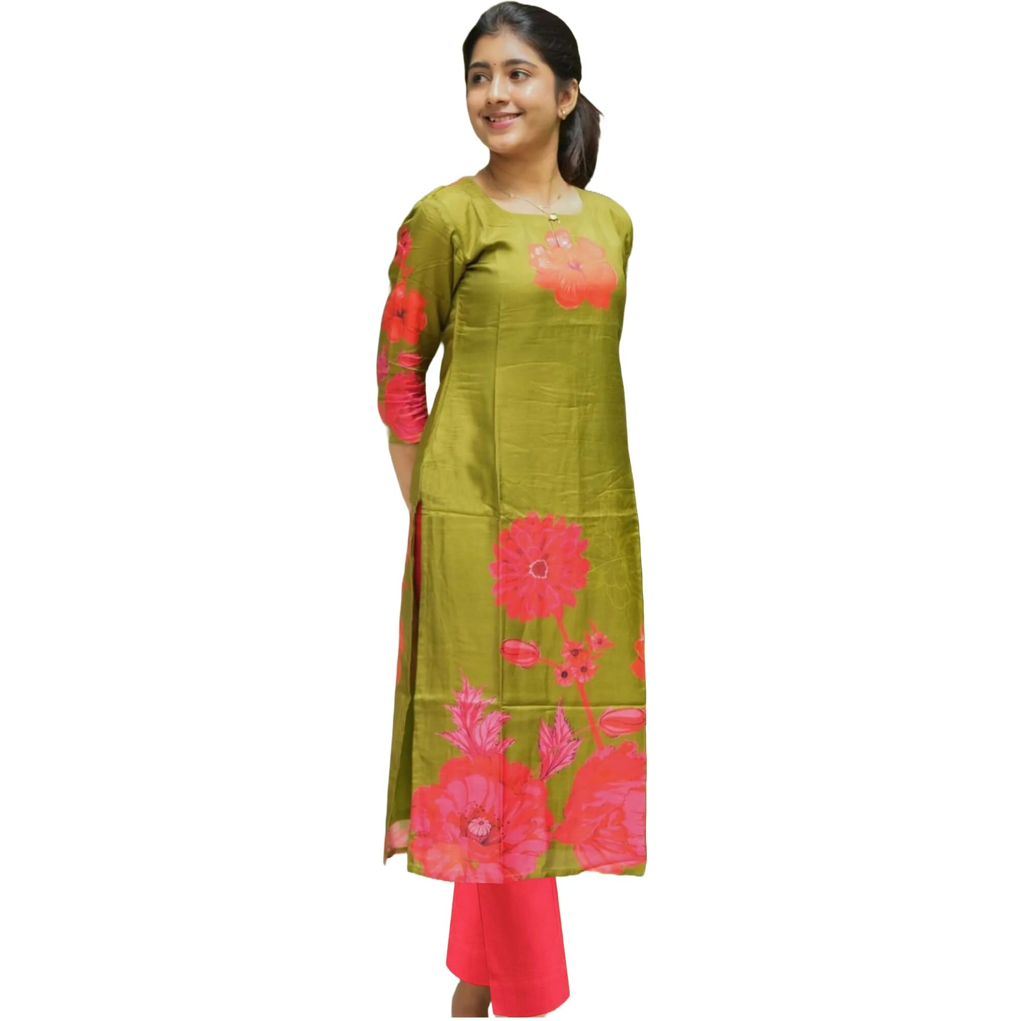ANNI DESIGNER Women's Rayon Viscose Straight Printed Kurta with Pant (Lilapa Green_S_Green_Small)