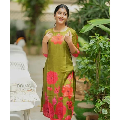 ANNI DESIGNER Women's Rayon Viscose Straight Printed Kurta with Pant (Lilapa Green_S_Green_Small)