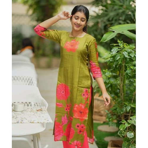 ANNI DESIGNER Women's Rayon Viscose Straight Printed Kurta with Pant (Lilapa Green_S_Green_Small)