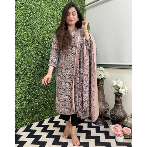 ANNI DESIGNER Women's Rayon Blend Straight Printed Kurta with Pant & Dupatta (VAARAHI Black_L_Black_Large)