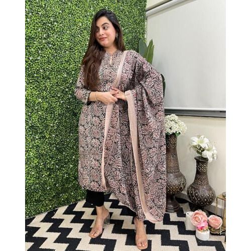 ANNI DESIGNER Women's Rayon Blend Straight Printed Kurta with Pant & Dupatta (VAARAHI Black_L_Black_Large)