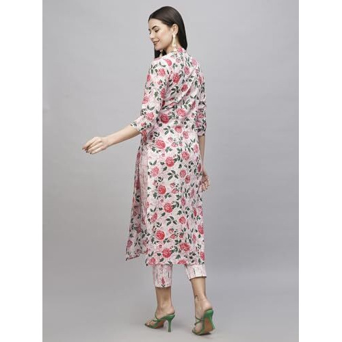 ANNI DESIGNER Women's Cotton Blend Straight Printed Kurta with Pant (Dafiya Peach_L_Peach_Large)