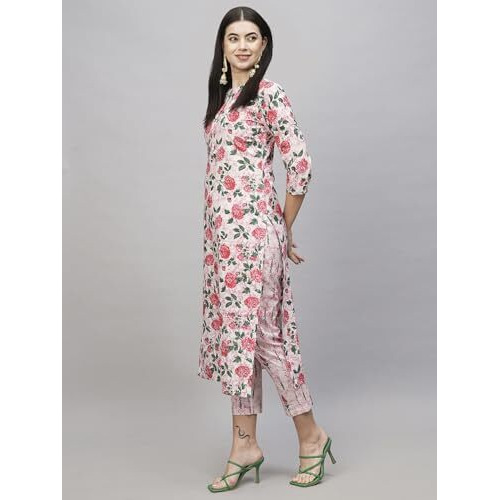 ANNI DESIGNER Women's Cotton Blend Straight Printed Kurta with Pant (Dafiya Peach_L_Peach_Large)