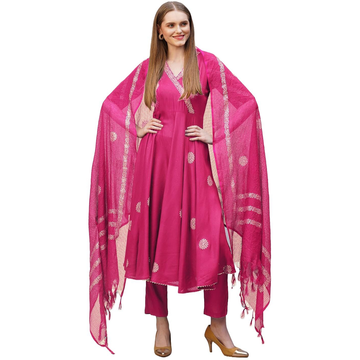 ANNI DESIGNER Women's Rayon Blend Anarkali Printed Kurta with Pant & Dupatta (Berlin PINK-VKS02_M_Pink_Medium)