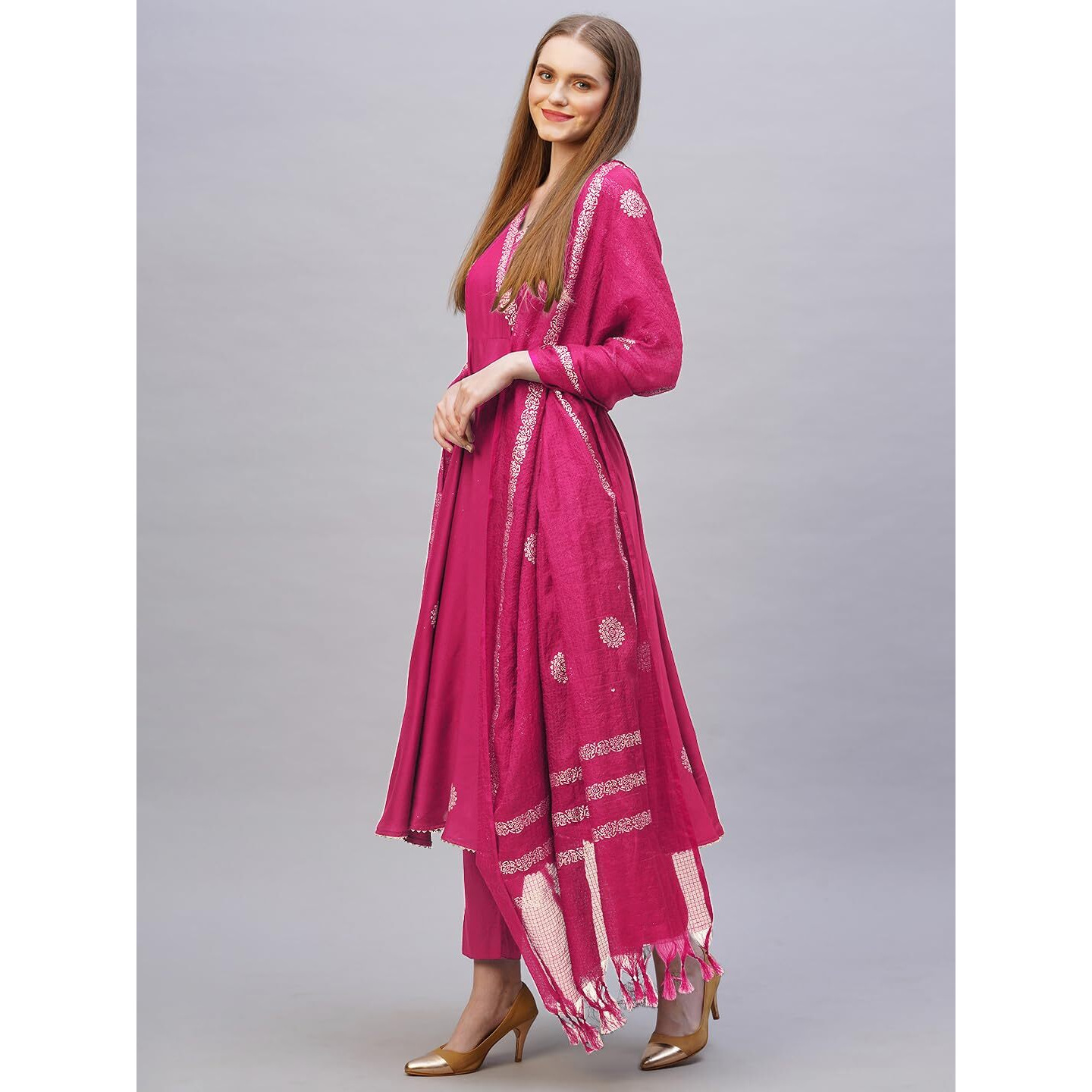 ANNI DESIGNER Women's Rayon Blend Anarkali Printed Kurta with Pant & Dupatta (Berlin PINK-VKS02_M_Pink_Medium)