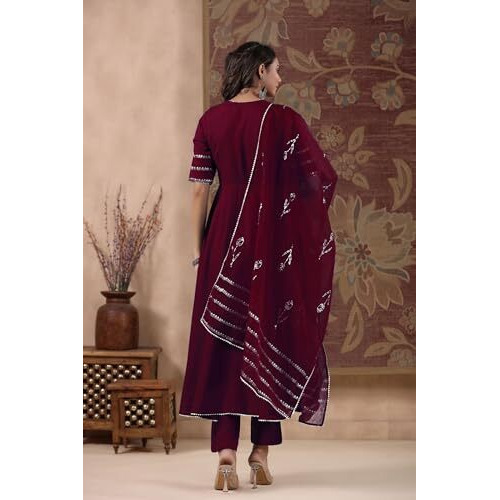 ANNI DESIGNER Women's Rayon Blend Anarkali Solid Kurta with Pant & Dupatta (NIRMOOHA Wine-VKS01_M_Wine_Medium)