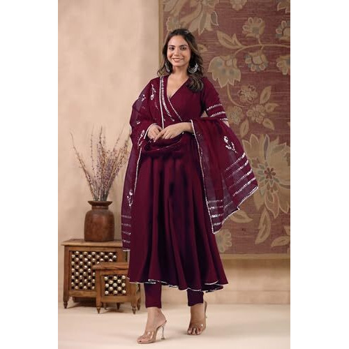 ANNI DESIGNER Women's Rayon Blend Anarkali Solid Kurta with Pant & Dupatta (NIRMOOHA Wine-VKS01_M_Wine_Medium)
