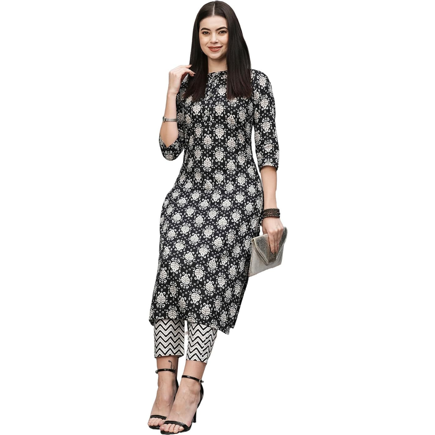 ANNI DESIGNER Women's Cotton Blend Straight Printed Kurta with Pant (Babita Black_L_Black_Large)