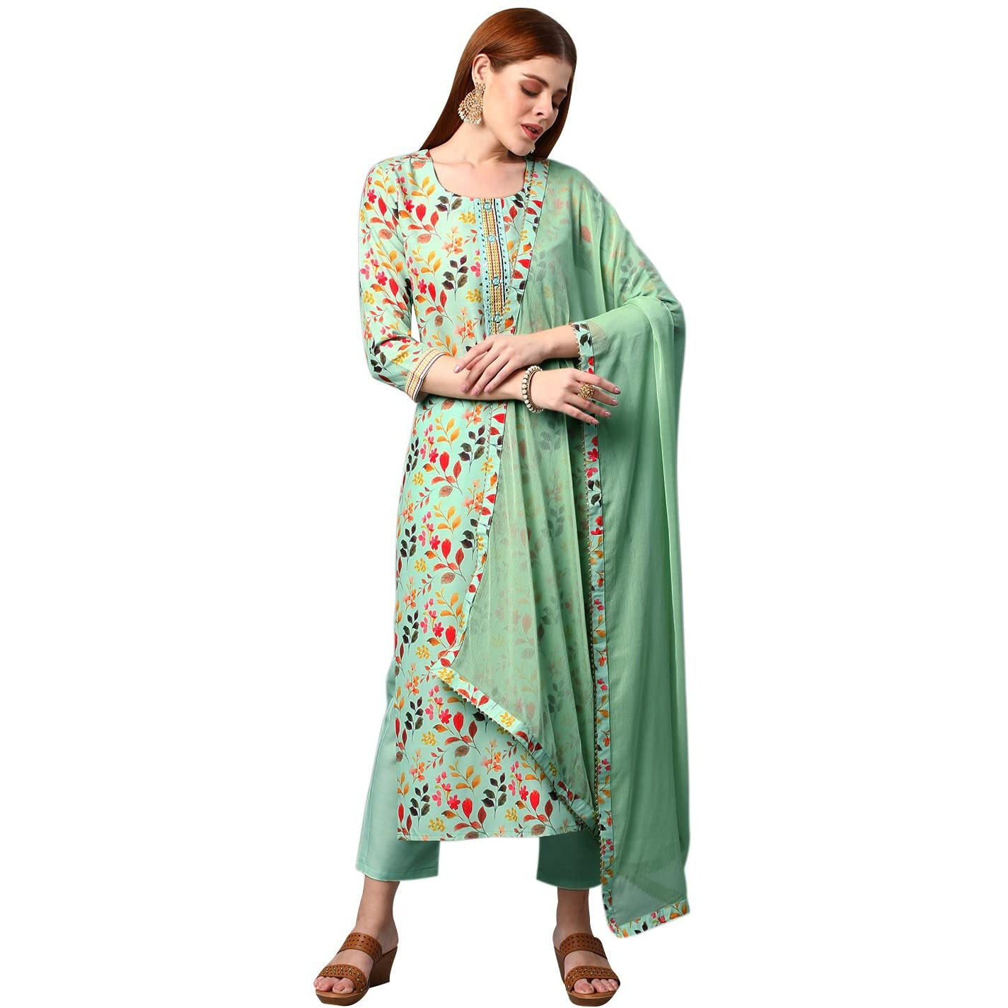 ANNI DESIGNER Women's Cotton Blend Printed Kurta and Pant with Dupatta Set (KALEPING-Pista-Nw_M_Pista_Medium)