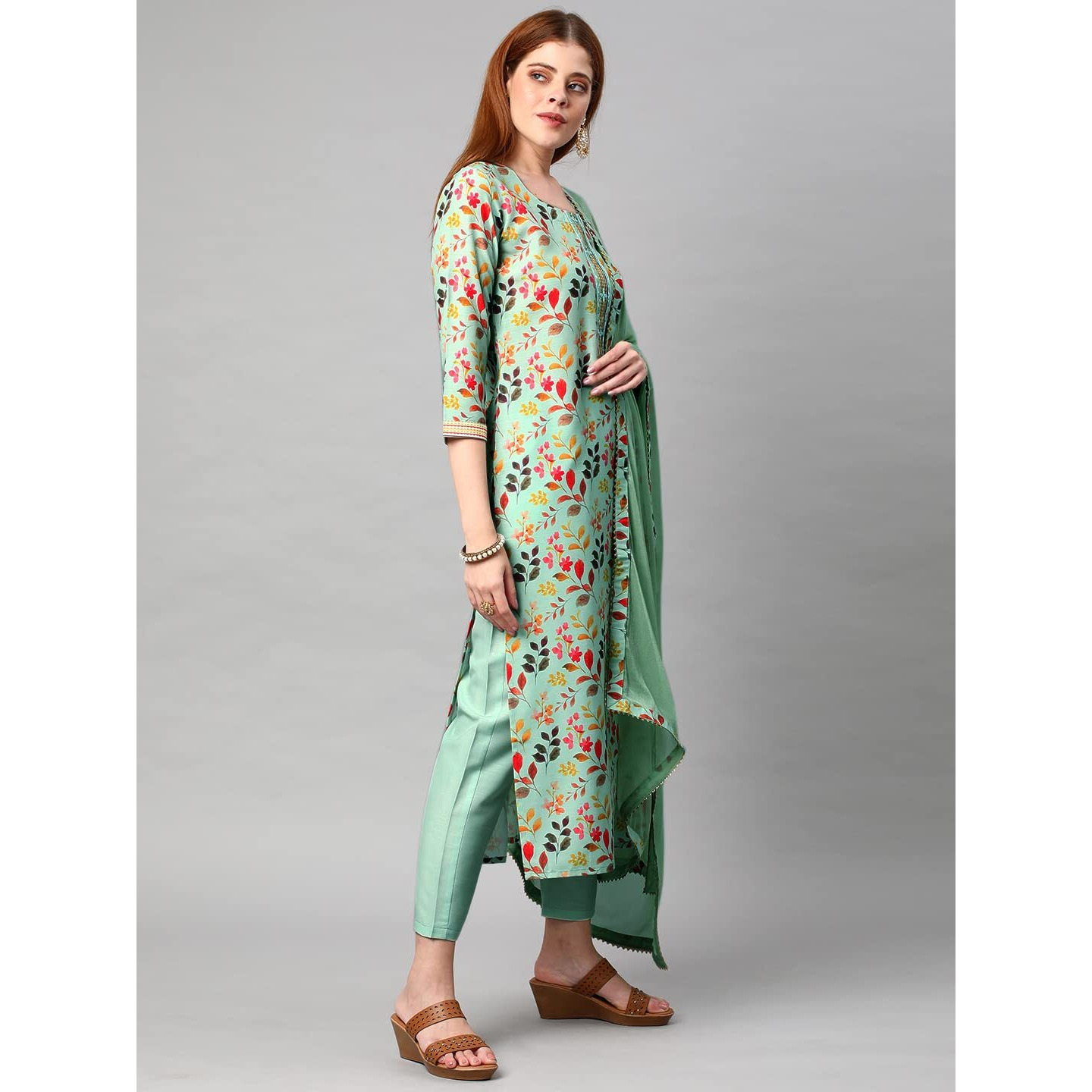 ANNI DESIGNER Women's Cotton Blend Printed Kurta and Pant with Dupatta Set (KALEPING-Pista-Nw_M_Pista_Medium)