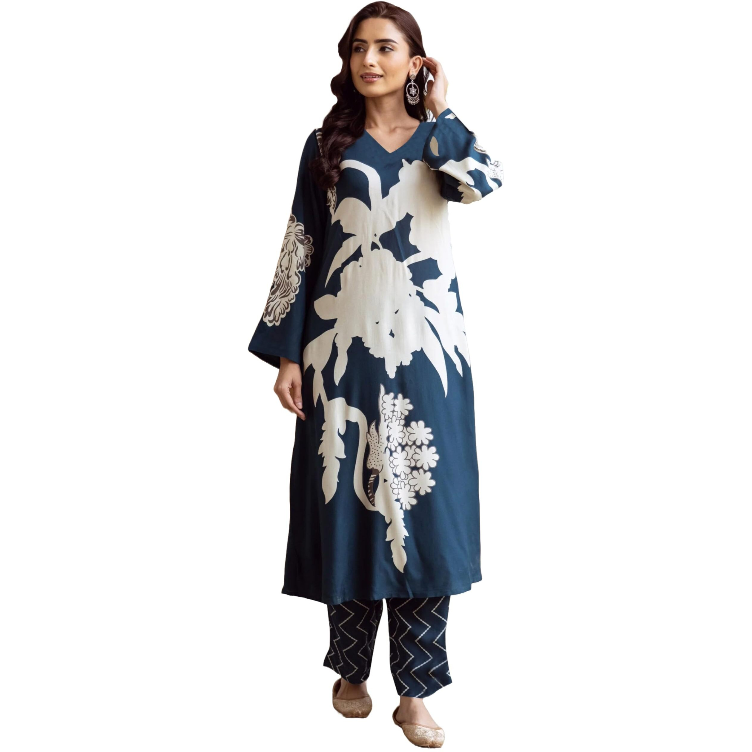 ANNI DESIGNER Women's Cotton Blend Straight Printed Kurta with Palazzo (Cukari Blue_S_Blue_Small)