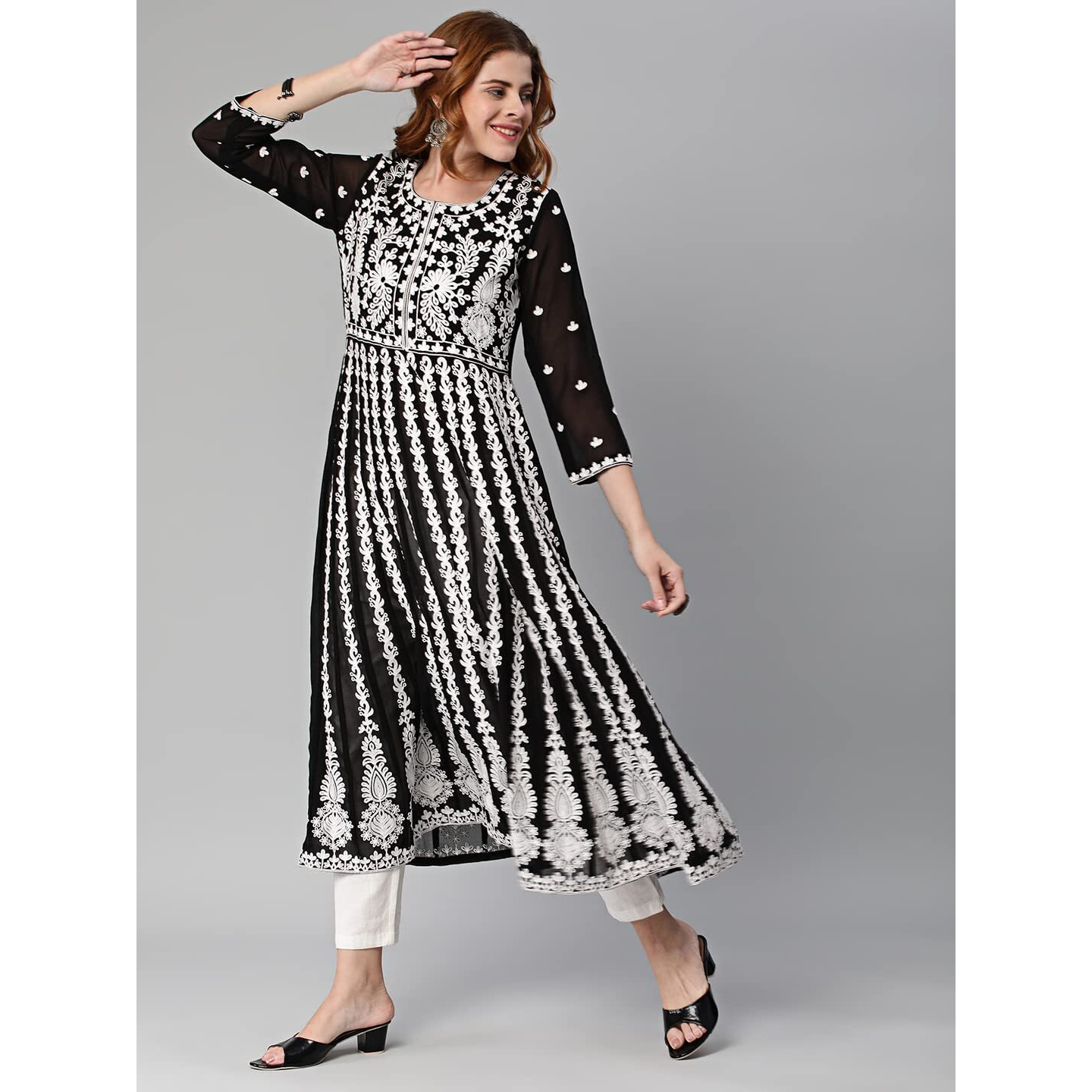 ANNI DESIGNER Women's Georgette Chikankari Embroidered Anarkali Kurti (Kari Black_XXL_Black_XX-Large)