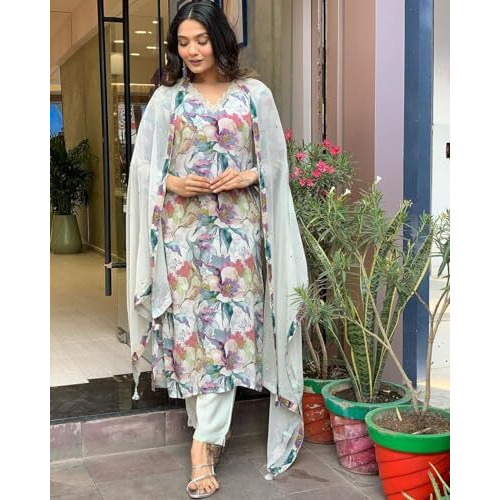 ANNI DESIGNER Women's Cotton Blend Straight Printed Kurta with Pant & Dupatta (Habibi Grey_L_Grey_Large)