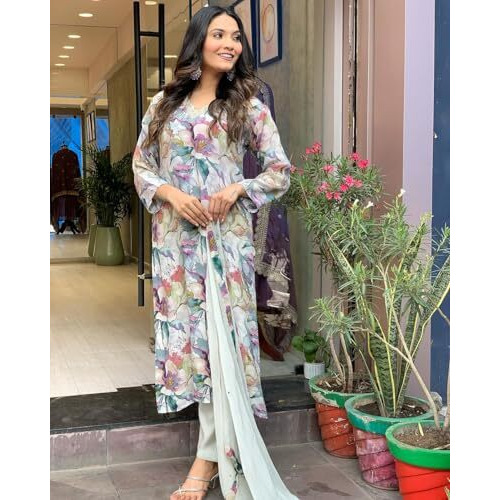 ANNI DESIGNER Women's Cotton Blend Straight Printed Kurta with Pant & Dupatta (Habibi Grey_L_Grey_Large)
