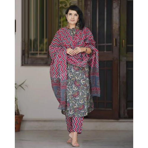 ANNI DESIGNER Women's Rayon Blend Straight Printed Kurta with Pant & Dupatta (Antari Grey_S_Grey_Small)
