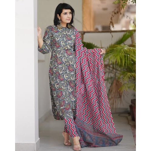 ANNI DESIGNER Women's Rayon Blend Straight Printed Kurta with Pant & Dupatta (Antari Grey_S_Grey_Small)