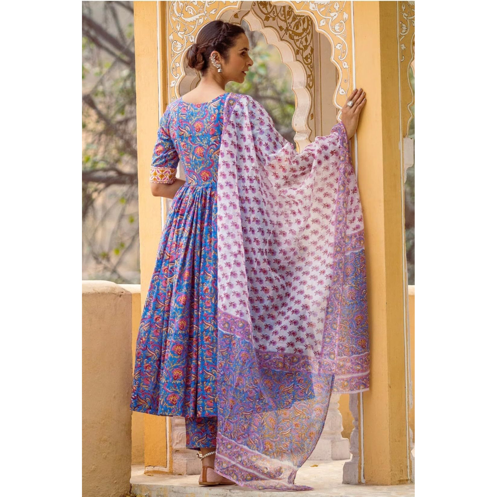 ANNI DESIGNER Women's Rayon Blend Printed Anarkali Kurta with Pant & Dupatta (MYTEE Multi_S_Multicolor_Small)