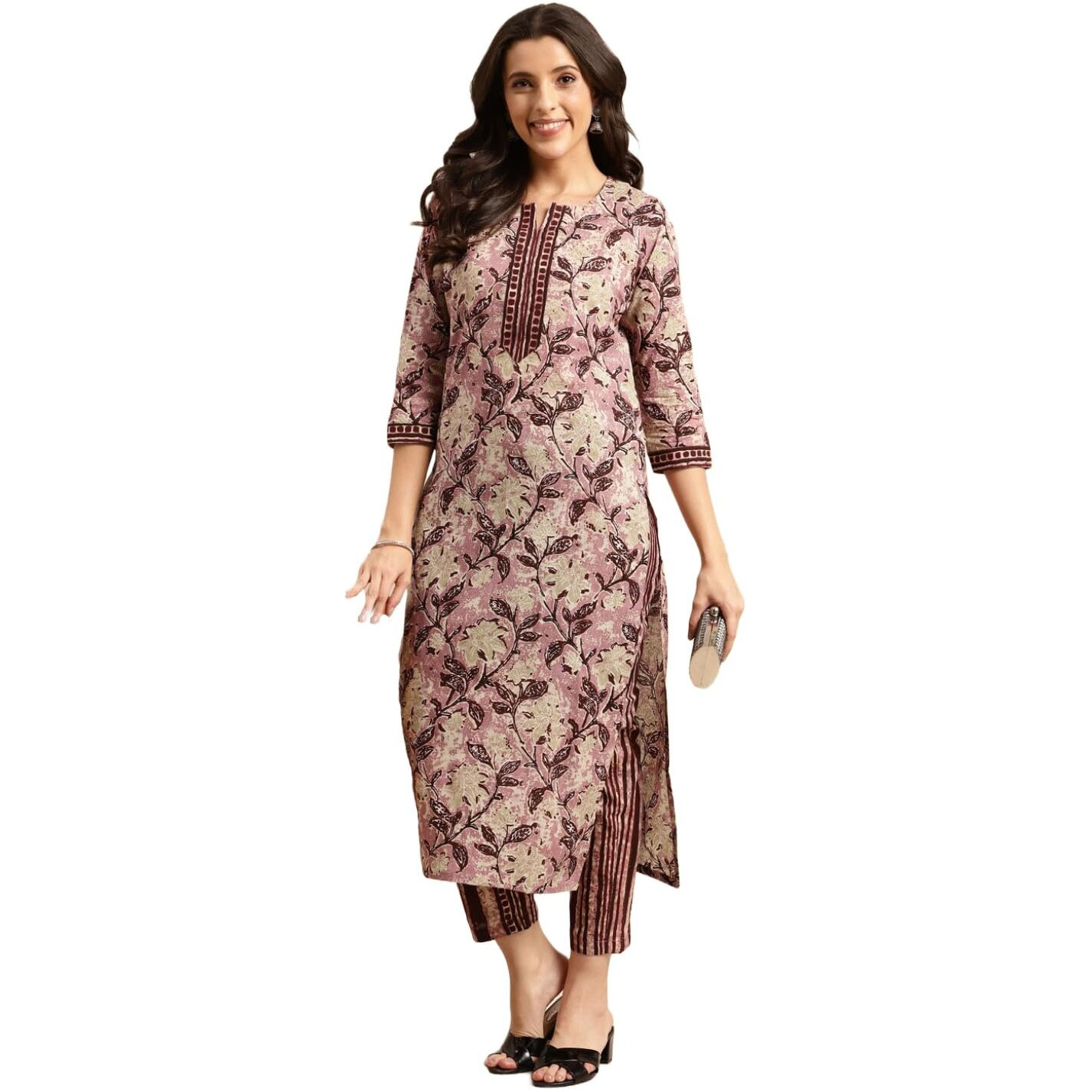 ANNI DESIGNER Women's Cotton Blend Traditional Straight Printed Kurta and Pant Set (PRACHI Wine_S_Wine_Small)