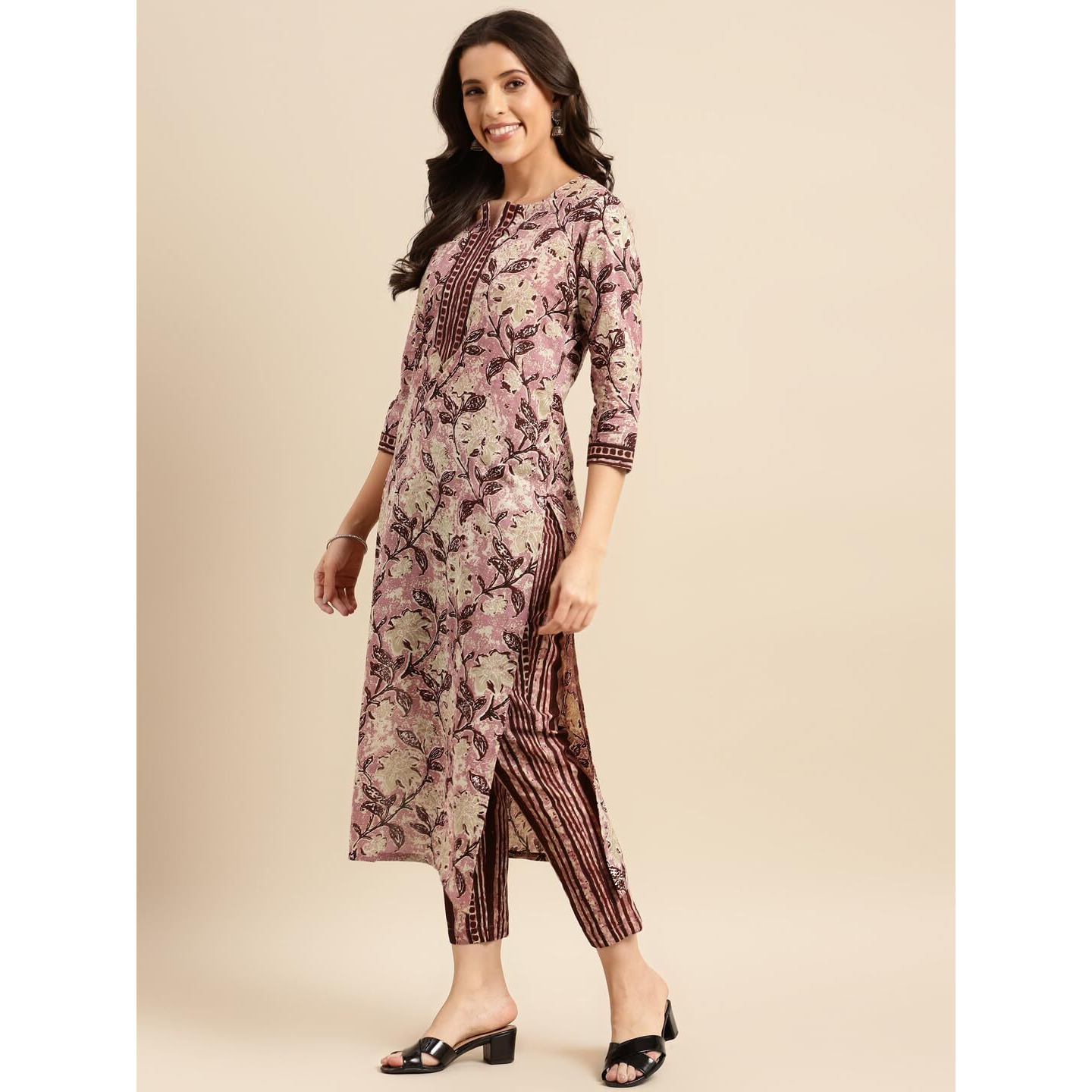ANNI DESIGNER Women's Cotton Blend Traditional Straight Printed Kurta and Pant Set (PRACHI Wine_S_Wine_Small)