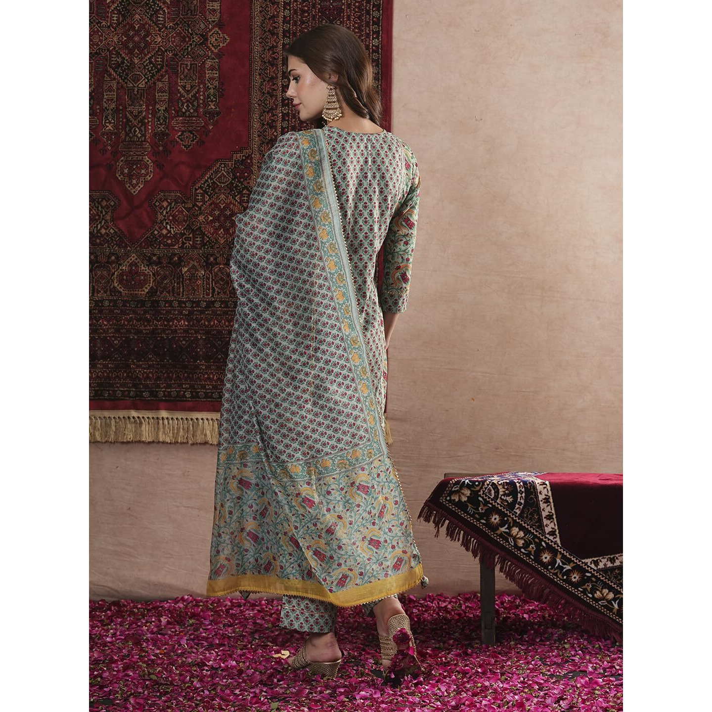ANNI DESIGNER Women's Cotton Blend Straight Printed Kurta with Pant & Dupatta (SANGHVI Green_XXL_Green_XX-Large)